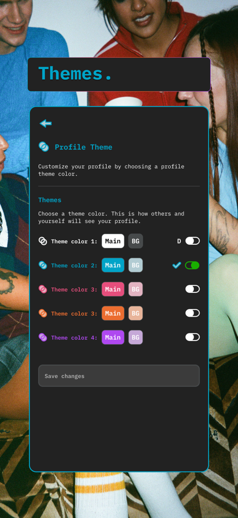 GroupChats - Pantalla de personalización del tema del perfil de la aplicación GroupChats con opciones de color
