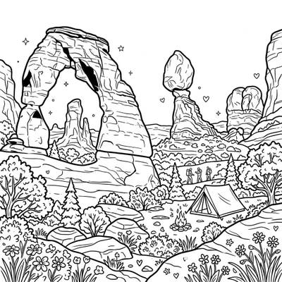 Dive into a captivating summer adventure with this intricate coloring page featuring majestic rock formations. Imagine a warm desert day as you bring life to a serene campsite nestled amidst these natural wonders.