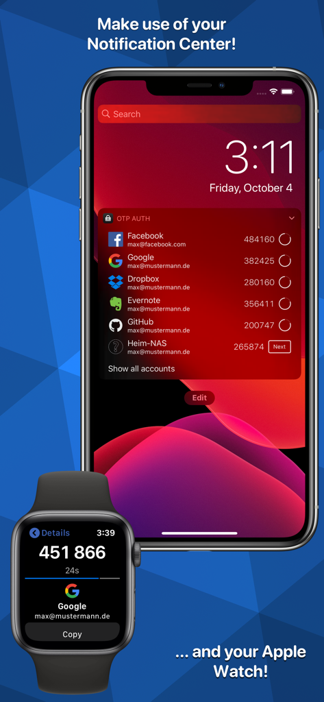 OTP Auth - OTP Auth app interface showing security codes on iPhone notification center and Apple Watch