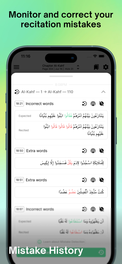 Tarteel app interface showing the mistake history feature for Quran recitation and memorization tracking.