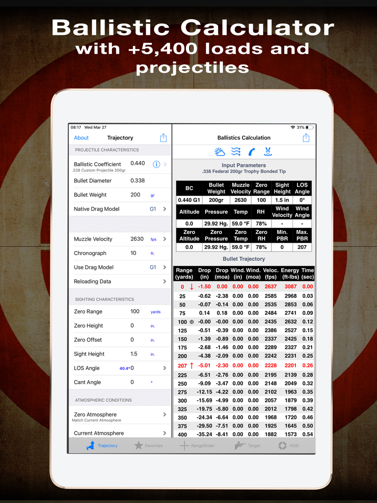 A split screen view of the Ballistic iPad Edition app showing projectile data and a bullet trajectory table