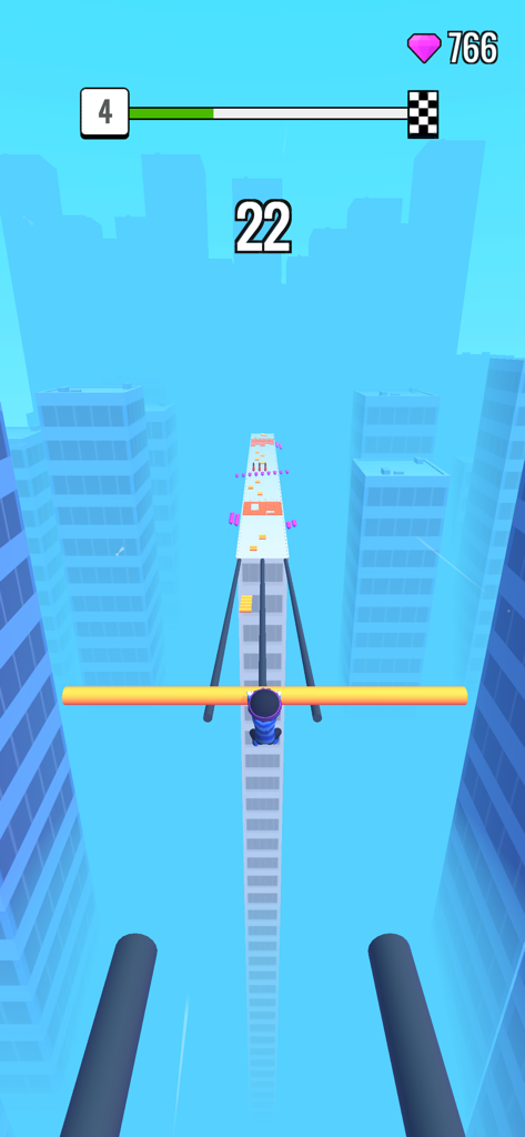 Roof Rails - Un personaje se desliza sobre barras usando una pértiga amarilla en un entorno urbano en el juego Roof Rails