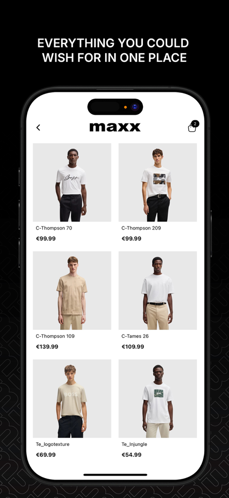 Hombres vistiendo camisetas de diseñador en la app de compras de moda Maxx Group.