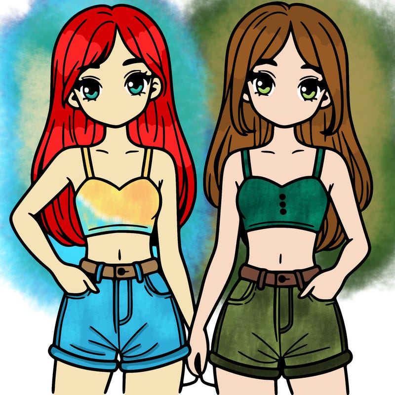 two sisters with crop tops and jean shorts and straight hair