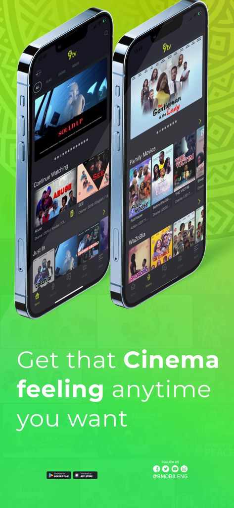 9TV - Deux iPhones affichant l'interface de l'application 9TV avec diverses catégories de films nigérians et le texte Obtenez cette sensation de cinéma quand vous le souhaitez
