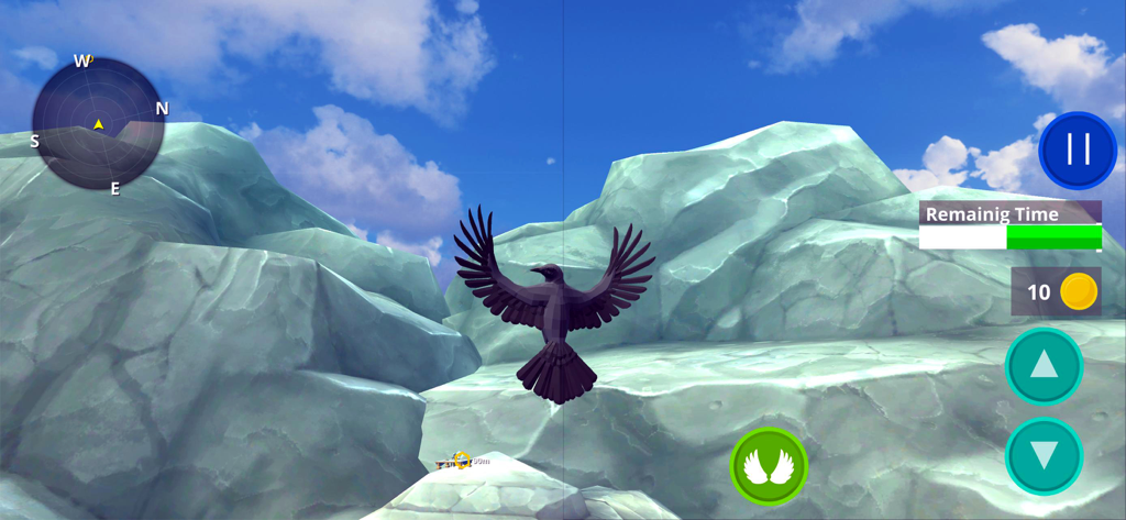 Raven Crow Bird Simulator 3D - A black raven flying over grey mountains in a 3D bird simulation game