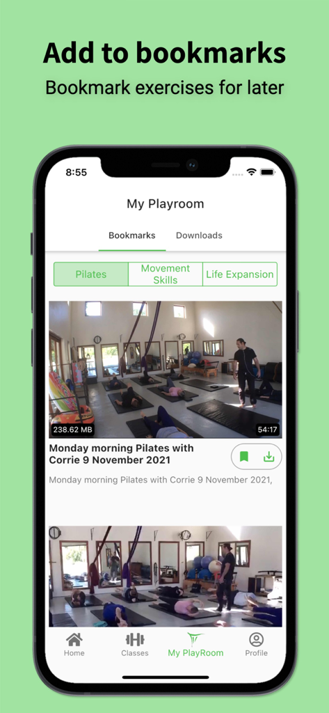 Xtreme Pilates - Interfaz de la aplicación Xtreme Pilates que muestra la sección de marcadores y descargas en Mi Sala de Juegos.