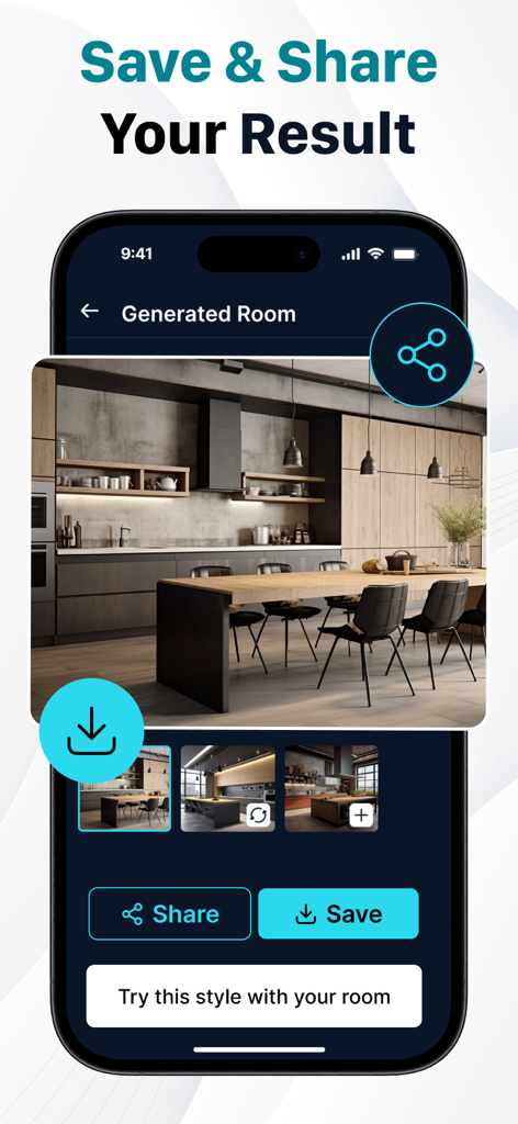 AI-generated modern kitchen design visualization on a mobile app interface with save and share buttons.