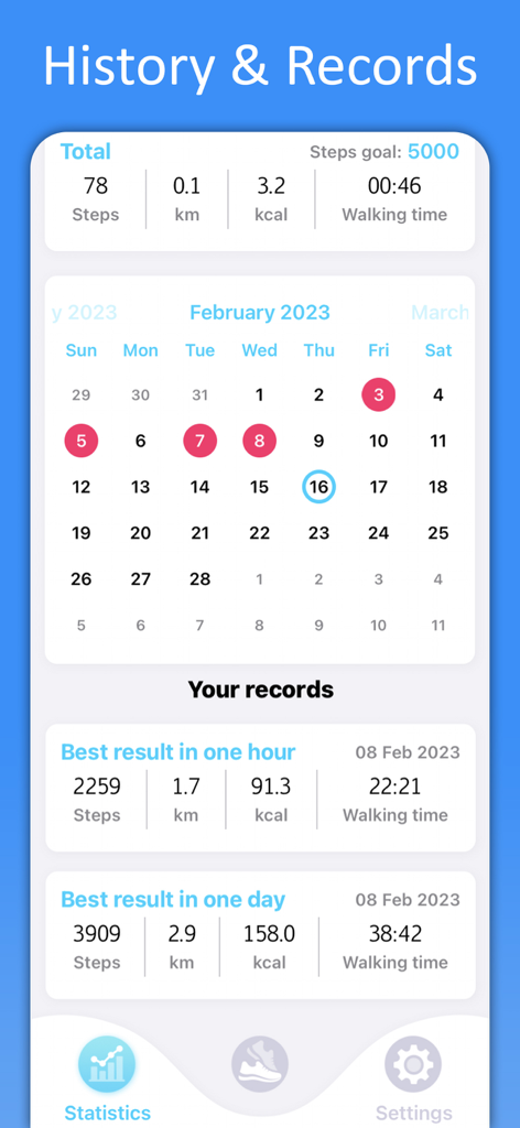 Bildschirm für Verlauf und Aufzeichnungen, der einen monatlichen Aktivitätskalender und persönliche Fitnessstatistiken in der ZuStep-App anzeigt