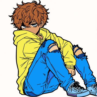 a male hoddie ripped jeans messy hair anime