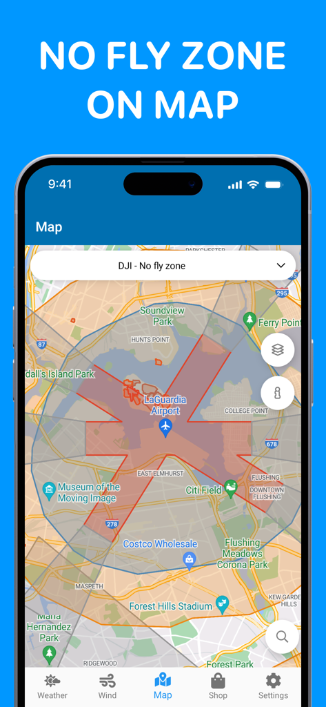 Drone Forecast. UAV Air map - Interface of the Drone Forecast app showing restricted no fly zones and airport airspace on a city map.