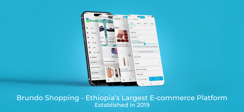 Brundo Shopping - Ethiopia - Multiple smartphone screens displaying the Brundo Shopping Ethiopia mobile app interface on a blue background