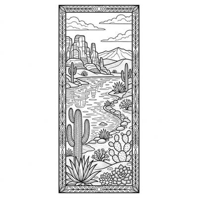 Explore the striking beauty of a desert oasis with this unique coloring bookmark. Featuring a serene desert lake surrounded by detailed cacti and rock formations, it’s a perfect escape for nature lovers.