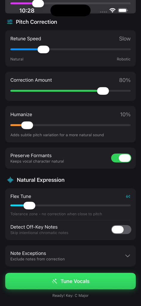 VocalTune 앱 음정 보정 설정. 튜닝 속도 및 보정량 슬라이더 표시