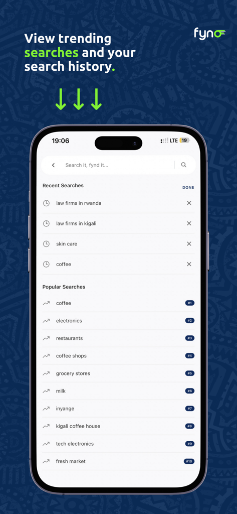 Fynd Rwanda - Fynd Rwanda app search interface displaying recent and popular business searches
