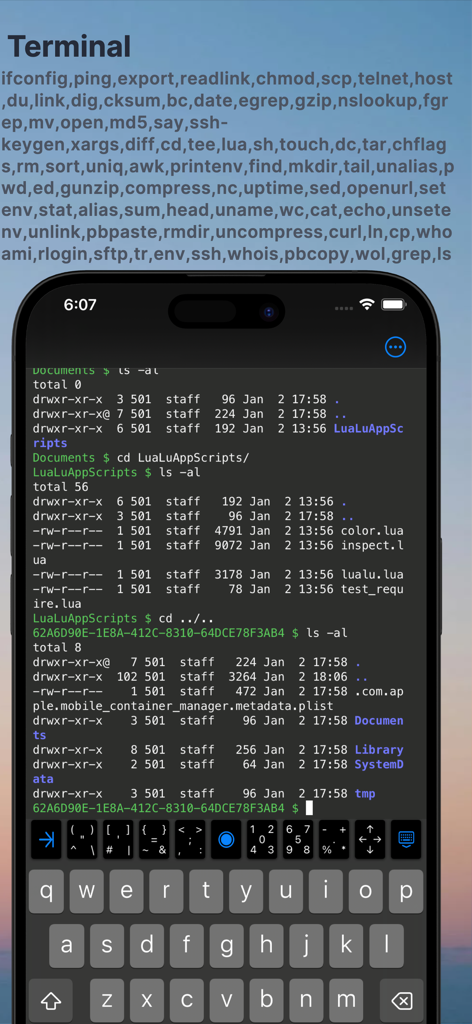 Mobile terminal interface in the Lua IDE app showing shell commands and directory files