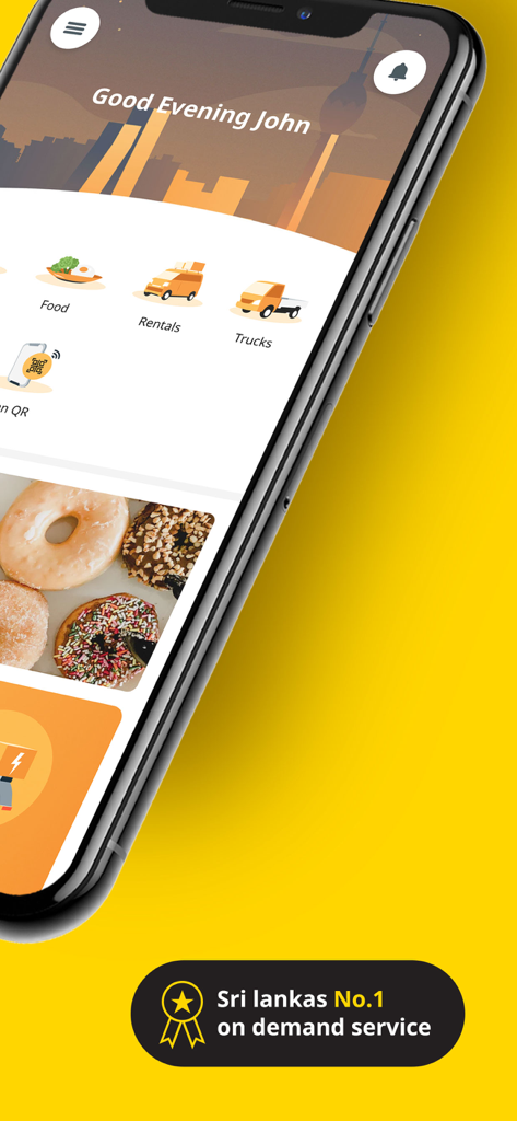 Smartphone displaying the PickMe Sri Lanka app interface with options for food delivery and transportation services