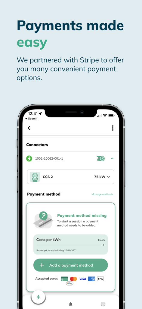 evyve - evyve mobile app screen showing payment options and stripe partnership for electric vehicle charging