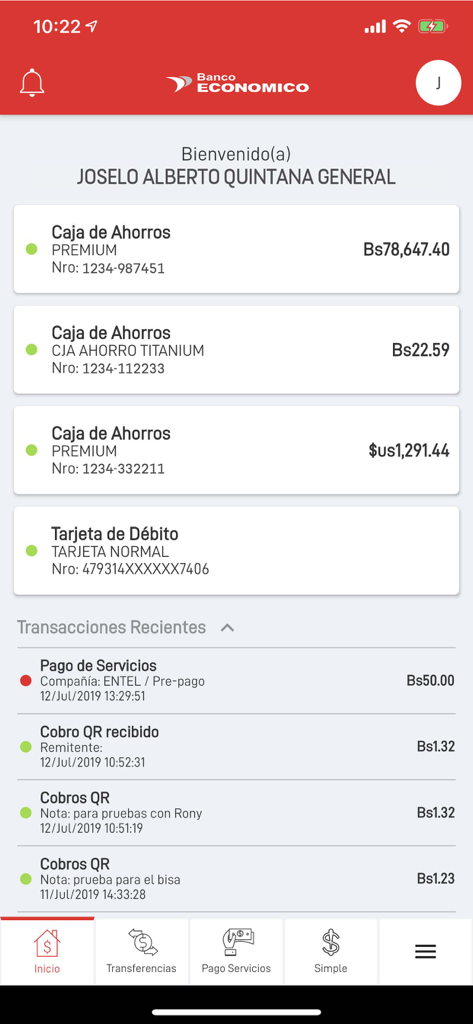 Banco Económico - Tela inicial do aplicativo móvel Banco Economico mostrando saldos de contas de poupança e histórico de transações recentes
