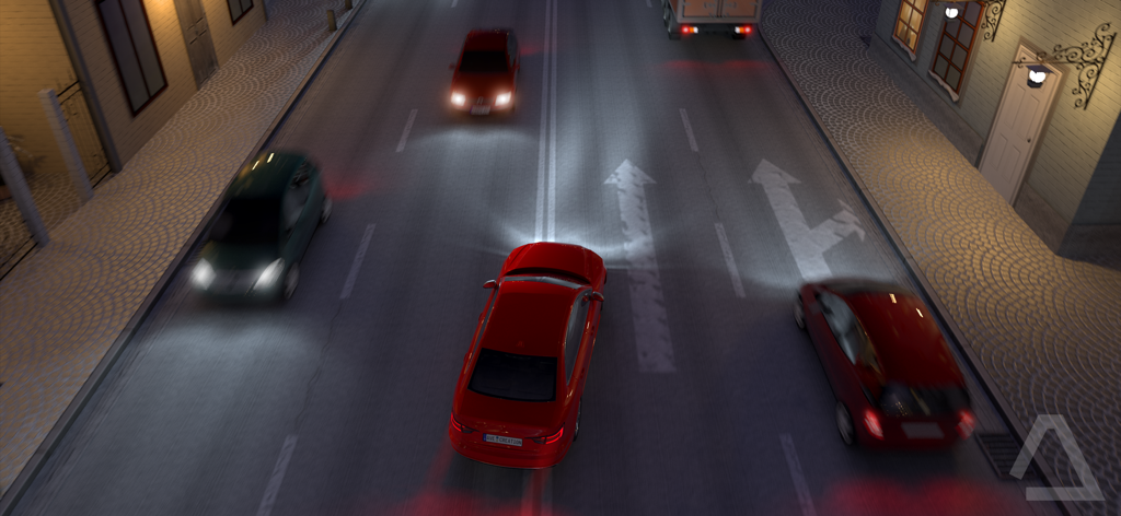 German Road Racer - Cars Game - Ein rotes Auto fährt bei Nacht in German Road Racer durch eine Stadt mit entgegenkommendem Verkehr.