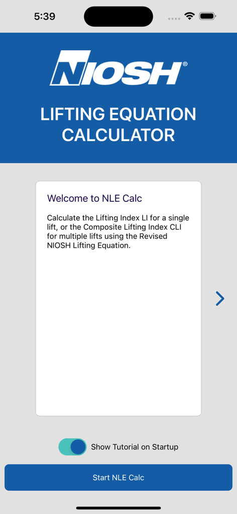 Welcome screen of the NIOSH Lifting Equation Calculator mobile app