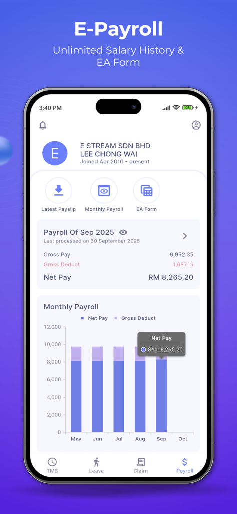 SQL HRMS - SQL HRMS app interface displaying E-Payroll salary history and monthly net pay bar chart