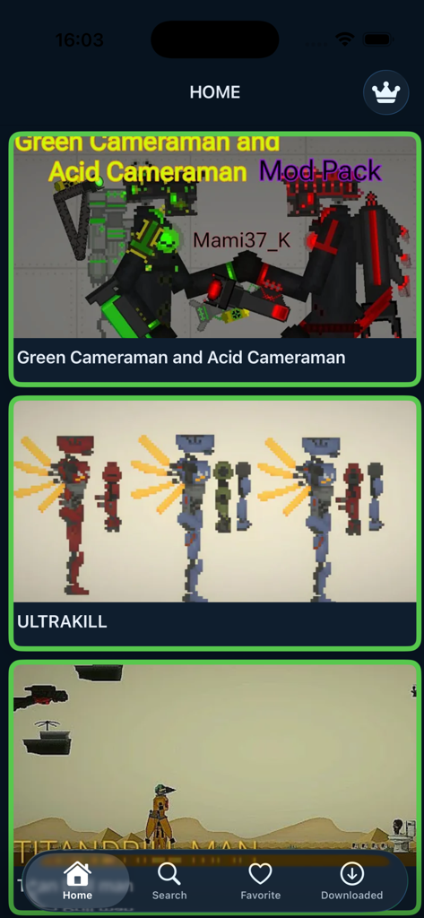 Home screen of the Mods For Melon Playgrounds app showing Cameraman and Ultrakill mod packs