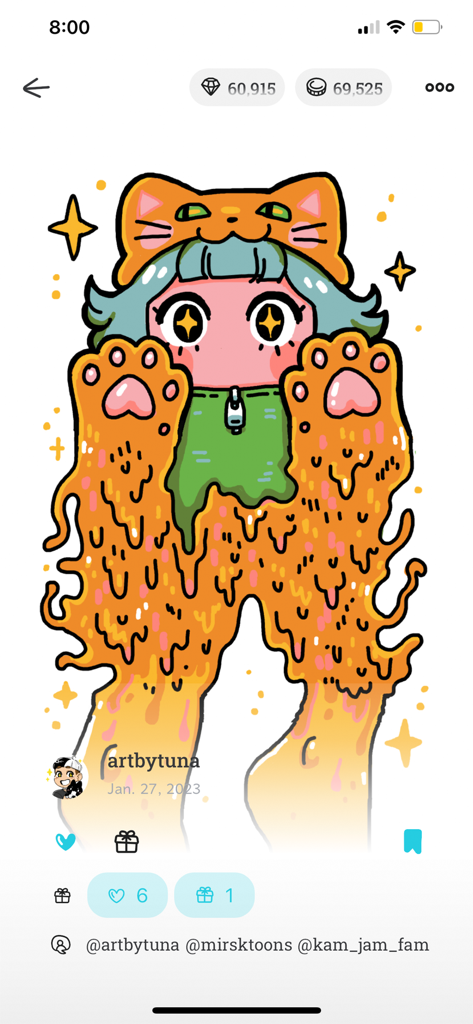 DrawnTogether - A colorful surrealist digital drawing of a girl wearing a cat hat created by multiple users in the DrawnTogether app