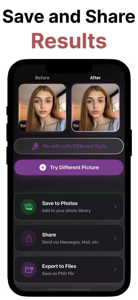 ビフォーアフターのAI美容シミュレーション結果を表示するインターフェイス。保存、共有、または写真のエクスポートオプションあり