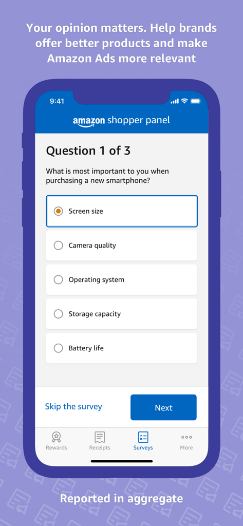 Amazon Shopper Panel app survey screen asking about smartphone purchase priorities