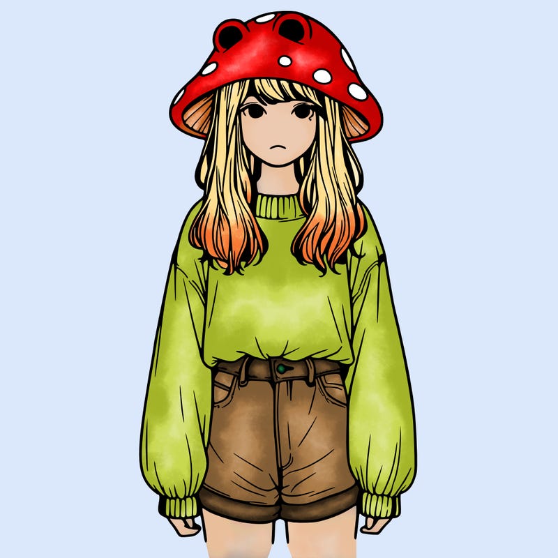 a realistic girl with a frog hat and baggy mushroom shirt