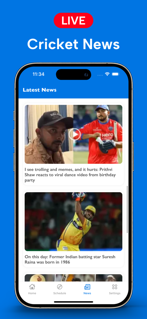 Mobile app interface showing the latest cricket news articles and updates on an iPhone.