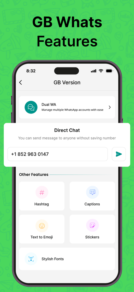 Dual Chat Web - Dual Account - Interfaz de la aplicación móvil de Dual Chat Web que muestra opciones para Dual WA, Chat Directo y herramientas de redes sociales como hashtags y fuentes.
