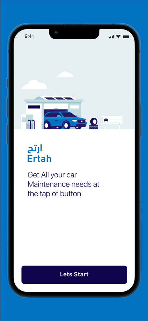 Ertah (Auto & Vehicles) - Ertah app welcome screen for car maintenance featuring a blue vehicle at a service station