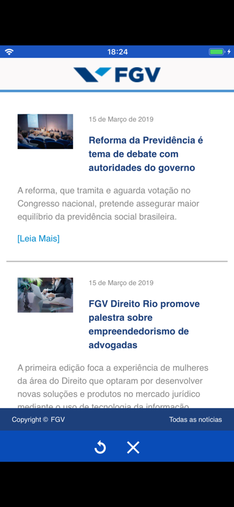 FGV - Seção de feed de notícias do aplicativo móvel FGV apresentando artigos institucionais