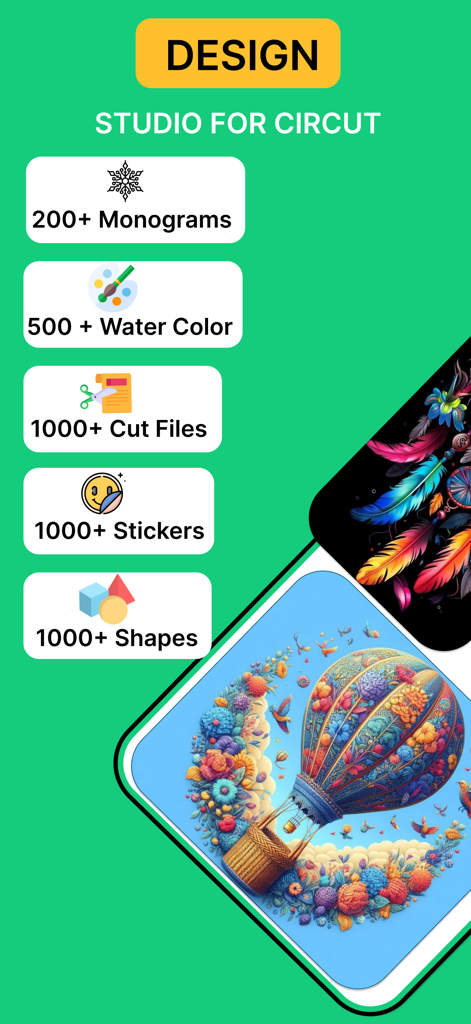 Design Studios Of Cricut - Tela promocional do aplicativo Estúdios de Design Cricut exibindo monogramas, aquarelas, arquivos de corte, adesivos e formas para projetos de DIY.