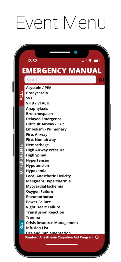 Main event menu of the Emergency Manual app displaying categories for ACLS and other perioperative medical crises