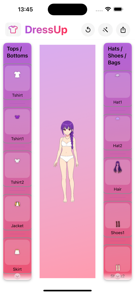 Rumi Hundrix: Dress Up Game - Anime girl character customization screen in Rumi Hundrix Dress Up Game showing wardrobe options