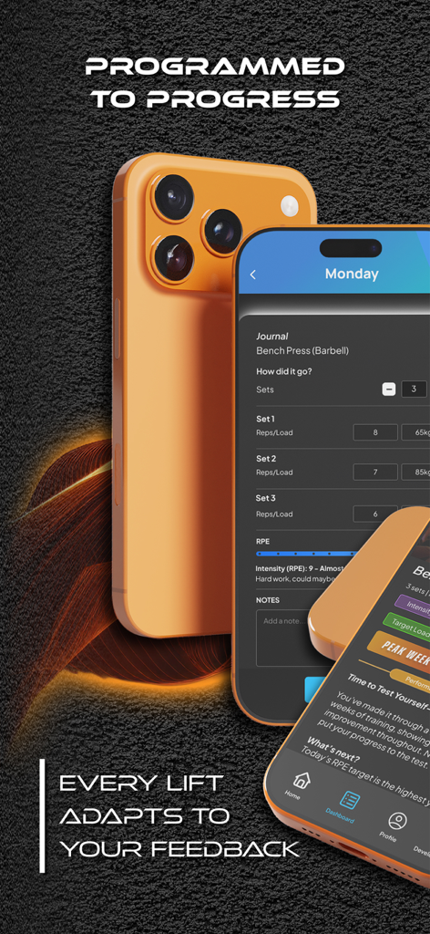 Spade.Fit - Adaptive Workouts - Spade.Fit app interface displaying a workout journal for bench press where lifts adapt based on user reps load and RPE feedback