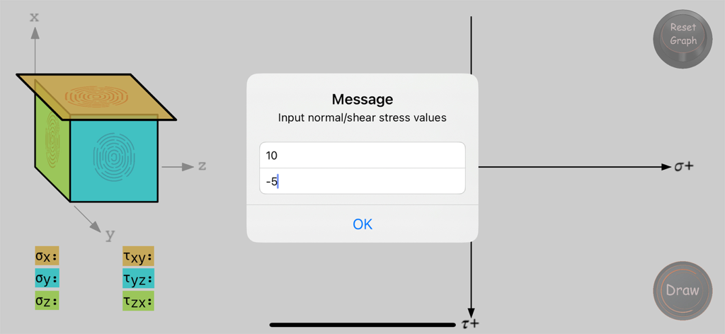 3D Stress - Interface of the 3D Stress app showing an input window for normal and shear stress values with a material cube diagram.
