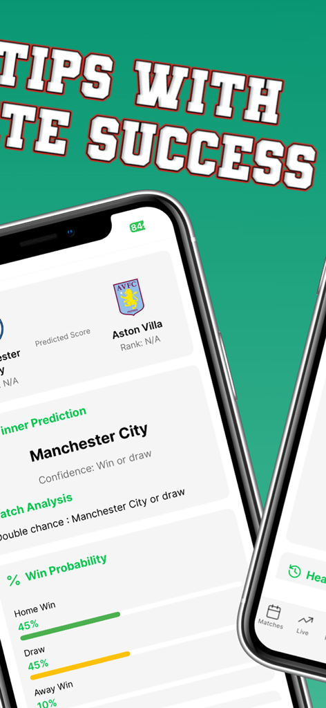 AI Football Prediction Tips - AI football prediction app displaying match winner analysis and win probability percentages for a soccer game