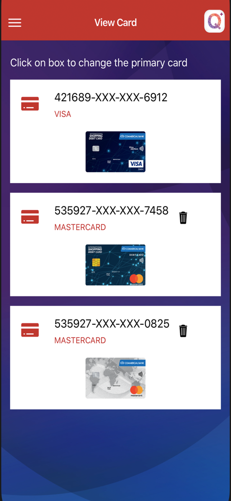 ComBank QPlus Merchant - Pantalla de la aplicación móvil que muestra una lista de tarjetas Visa y MasterCard vinculadas para pagos digitales