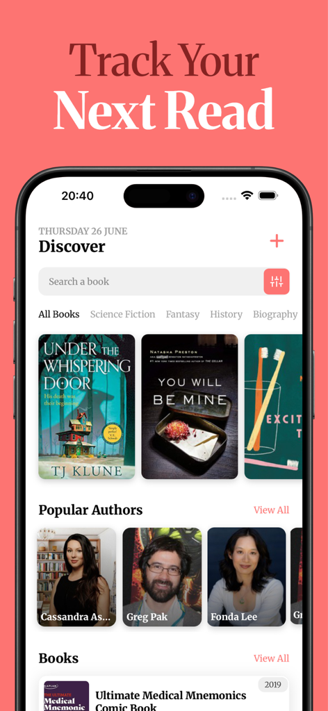 Book Tracker & Log - ReadList - ReadList mobile app screen for discovering new books by category and author.