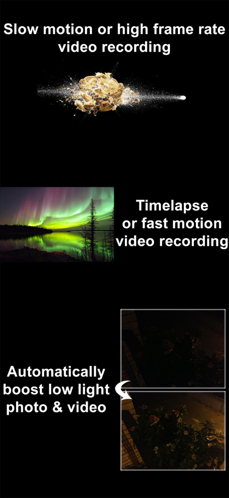 SP Camera - Resumen de las funciones de SP Camera que incluyen vídeo a cámara lenta, timelapse y mejora automática con poca luz.