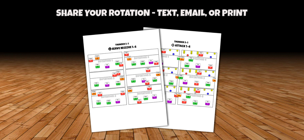 Two printed volleyball rotation sheets showing serve receive and attack formations on a wooden gym floor