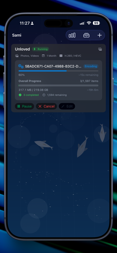 Sami - Media Optimizer - Sami app interface showing the progress of a media optimization task on an iPhone