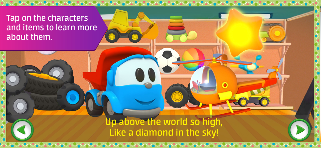 Interactive gameplay of Leo the Truck app showing vehicles and lullaby lyrics in a playroom.