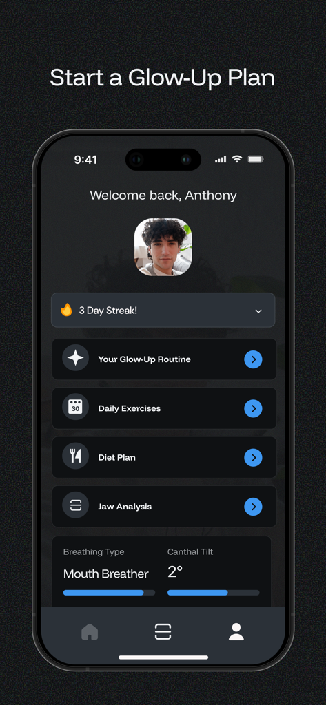 AscendMax - Become Hot - AscendMax 대시보드는 남성을 위한 얼굴 분석 측정값과 일일 루틴 작업이 포함된 맞춤형 글로우업 계획을 보여줍니다.