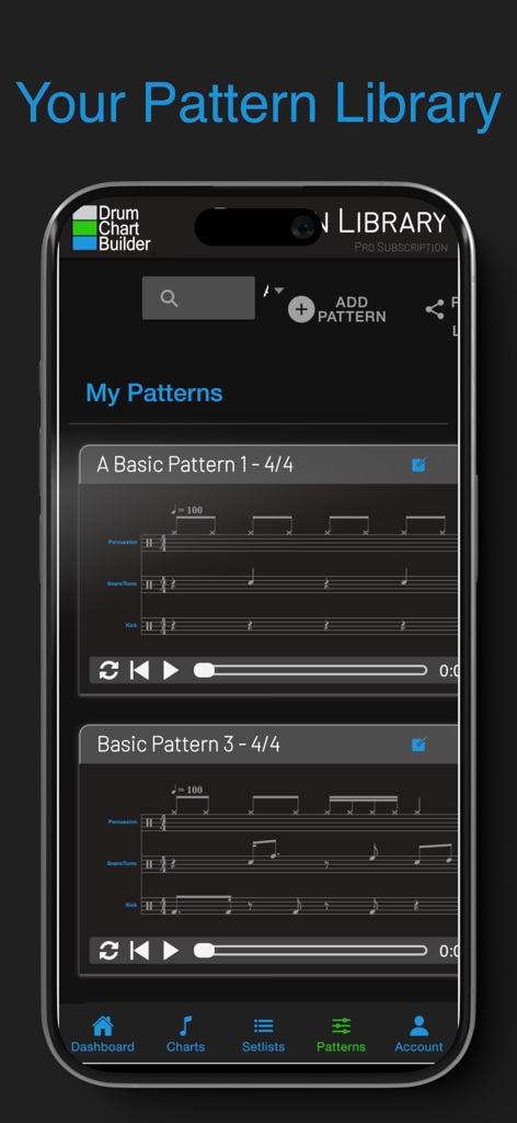 Drum Chart Builder - Interfaz de la aplicación Drum Chart Builder que muestra una biblioteca de patrones de batería guardados con notación musical