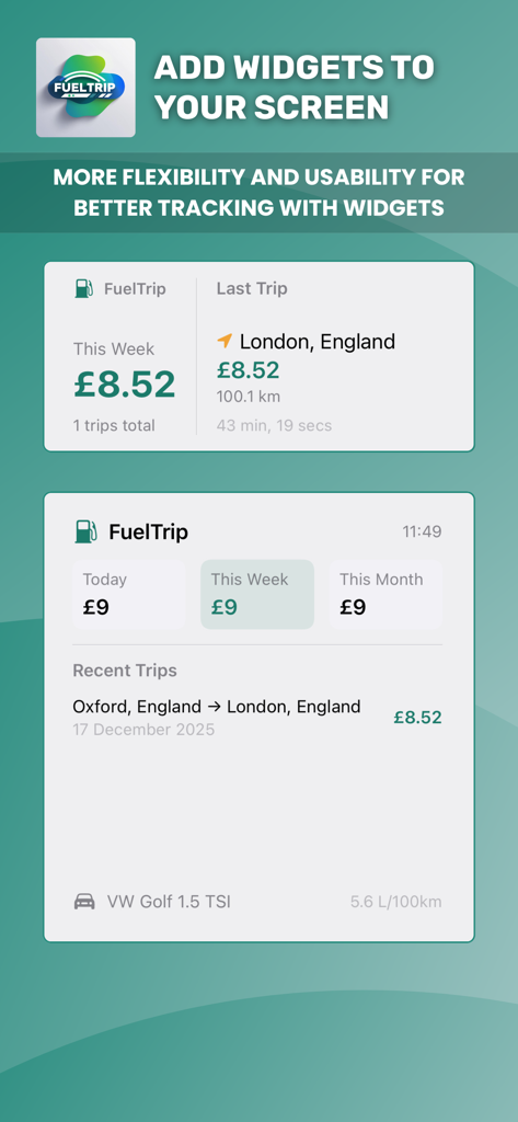 FuelTrip home screen widgets displaying weekly driving expenses and recent trip costs.